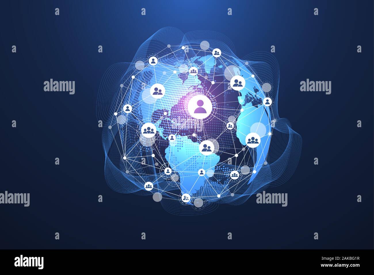 Globale soziale Netzwerk. Netzwerk- und Datenverbindung Konzept. Weltweite Internet und Technologie. Dynamische Wellen von Plexus licht Leitungen angeschlossen Stock Vektor