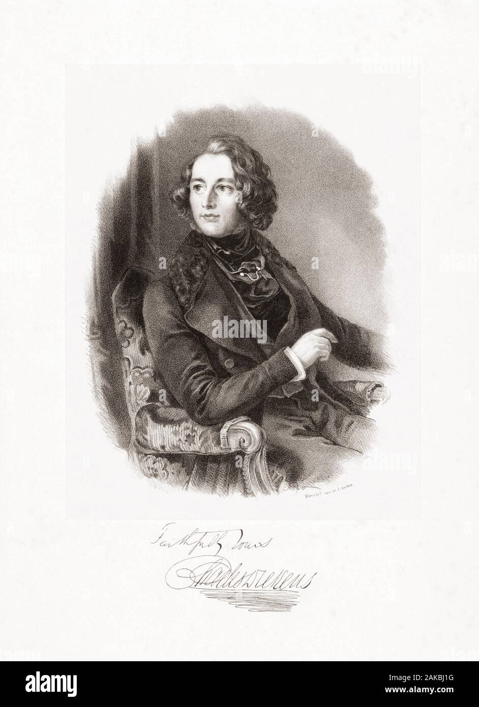 Charles Dickens. Voller Name Charles John Huffam Dickens, 1812 - 1870. Englische Schriftsteller. Hier als junger Mann gesehen. Seine Unterschrift unter das Porträt. Stockfoto