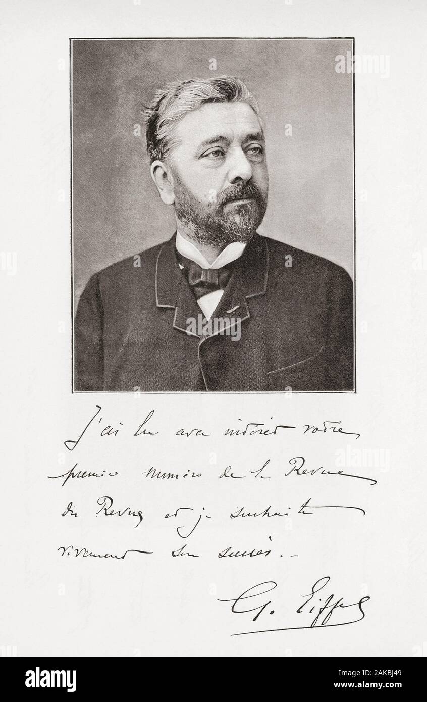 Alexandre Gustave Eiffel, geboren Bönickhausen, 1832 - 1923. Der französische Ingenieur und Architekt. Eine Inschrift in seine eigene Hand mit seiner Unterschrift unten. Stockfoto