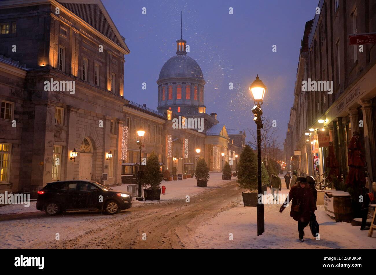 Bonsecours Market bei einem Schneesturm Abend. Old Montreal, Montreal, Provinz Quebec Kanada Stockfoto