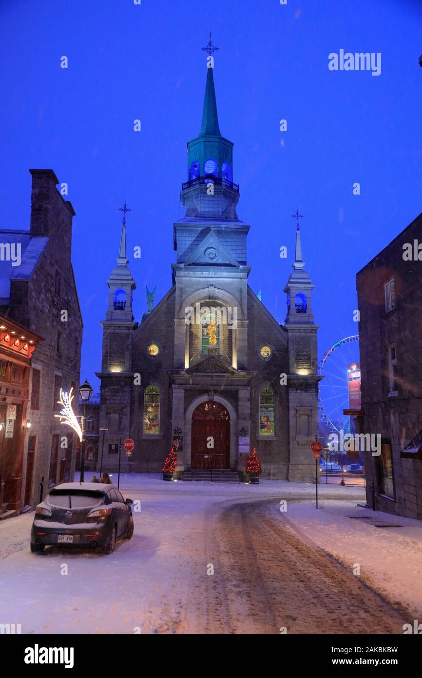 Die nacht Blick auf Notre-Dame-de-Bon-Secours Kapelle in einem Orkan. Old Montreal, Montreal, Provinz Quebec Kanada Stockfoto