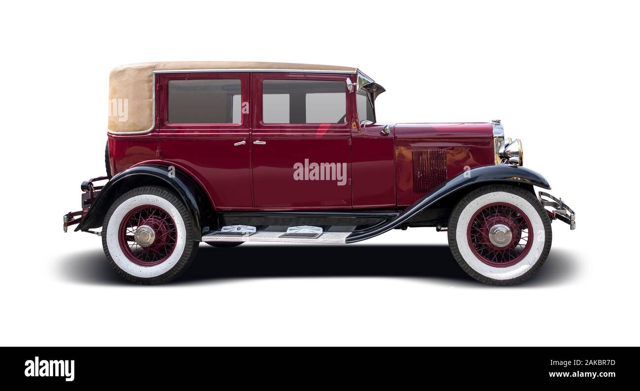 American Antique Car Seitenansicht isoliert auf weißem Stockfoto