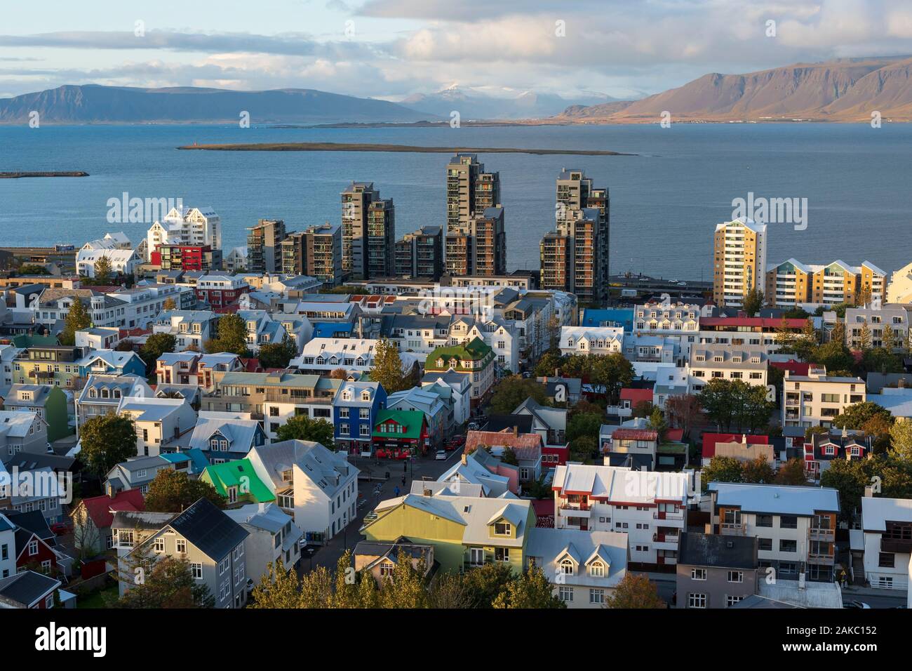 Island, Capital Region, Reykjavik, Reykjavik aus dem Glockenturm der Hallgrimskirkja Stockfoto