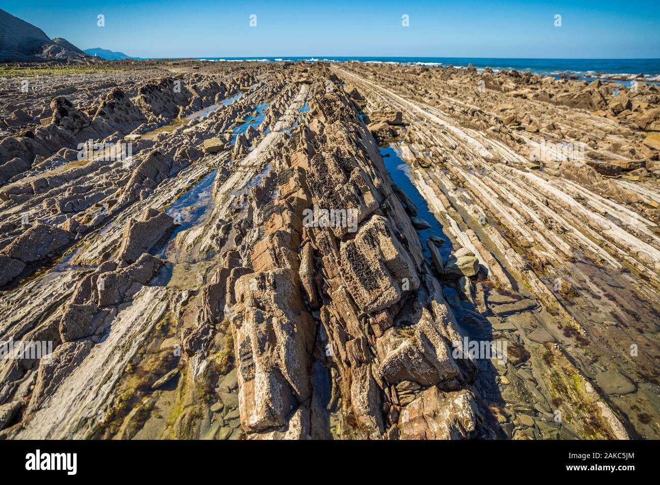 Spanien, Baskenland, Guipuzcoa, Zumaia, UNESCO Geopark, Flysch oder baskischen Küste flach, mit stratotypes zurückgehende Millionen von Jahren Stockfoto
