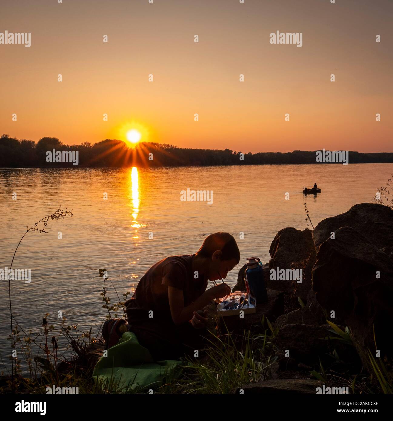Ungarn, Baja, Bacs-kiskun, Clement macht Malerei bei Sonnenuntergang am Ufer der Donau Stockfoto