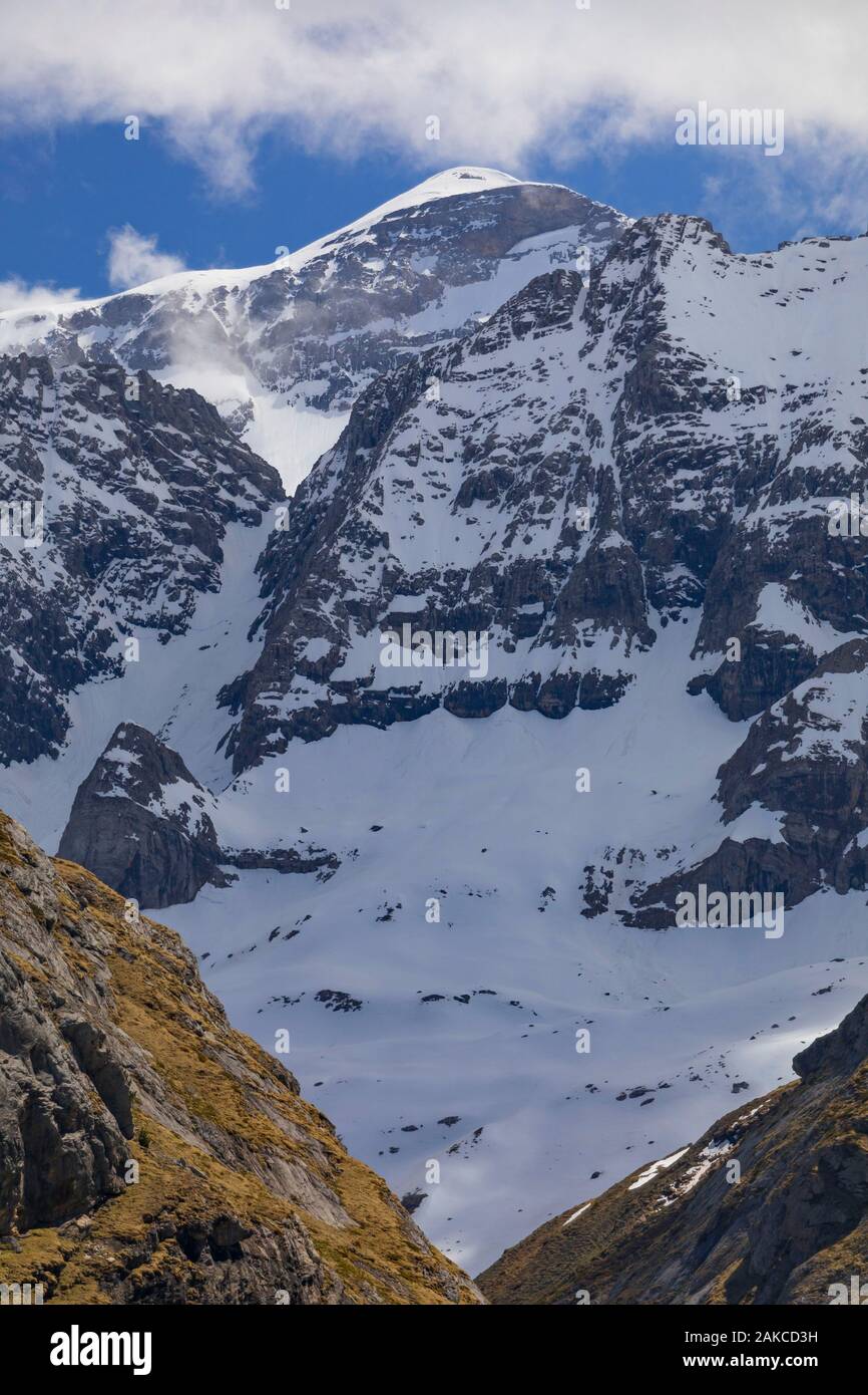 Spanien, Aragonien, Provinz Huesca Torla, Mont Perdu Peak 3255 m, Nationalpark Ordesa y Monte Perdido, UNESCO Weltkulturerbe Stockfoto