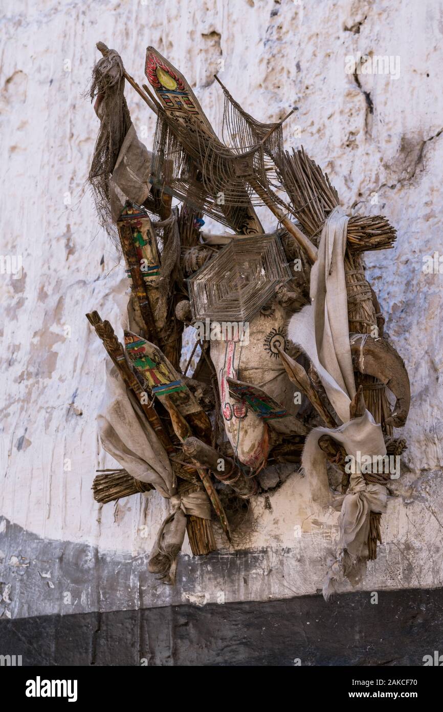 Decrative Elemente der Häuser im Dorf Kagbeni, eine Brücke zwischen der unteren und oberen Mustang in das Tal des Kali Gandaki River. Nepal. Stockfoto