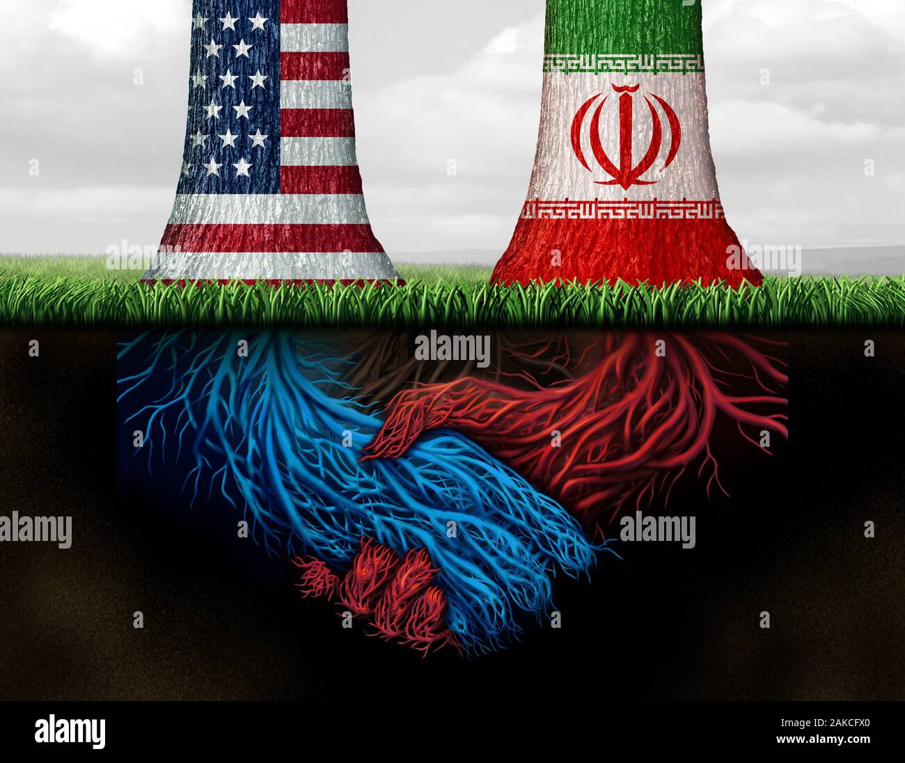 Iranische Amerikanischen zurück Kanal vertrauliche Vereinbarung mit zwei Bäume mit unterirdischen Wurzeln als Händedruck als Metapher und Symbol für Iranische. Stockfoto