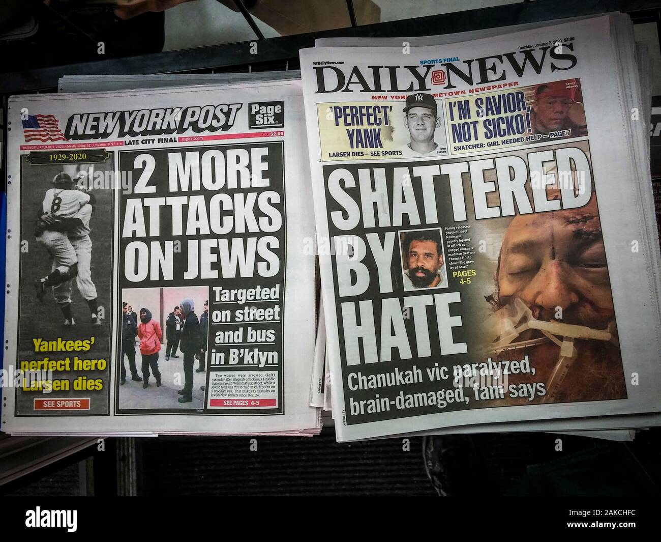 Titelseiten der New Yorker Zeitungen am Donnerstag, 2. Januar 2020 Bericht über die Epidemie von antisemitischen Übergriffen auftreten. (© Richard B. Levine) Stockfoto