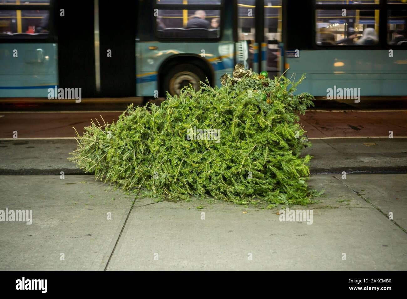 Einen Armen, einsamen, verworfen Weihnachtsbaum außerhalb eine Wohnung in New York am Freitag, 3. Januar 2020. Die Abt. der Abwasserentsorgung bietet haushaltsnahe Abholung von ausgedienten Bäume mit Lametta und Dekorationen entfernt. (© Richard B. Levine) Stockfoto