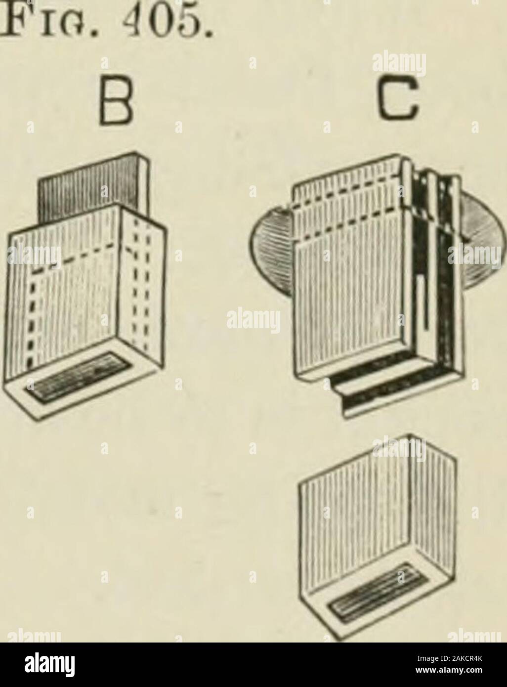 Eine praktische Abhandlung über künstliche Krone - und die Brücke - arbeiten. e Ende das größere Stück als die andere. Die Kante des shortpiece Nächste Ende der längere ist dann gelötet es miteinem schwer fließende gelötet, die beiden l>eing während der Operation ina blaue Flamme mit Pinzette gehalten, unddem Ende abgeschnitten, Quadrat. Eine littlewhiting zwischen ihnen platziert wird Pre-vent Das Lot fließt betweenor Verbinden am anderen Edo: e. Tlie kurze Stück der Platte wird mit einer Feder in der formthe und Links unconnectedat ein Ende zu diesem Zweck (A, Abb. 405). Zu bilden den Sockel. - Die Feder Flansch ist flrst env Stockfoto
