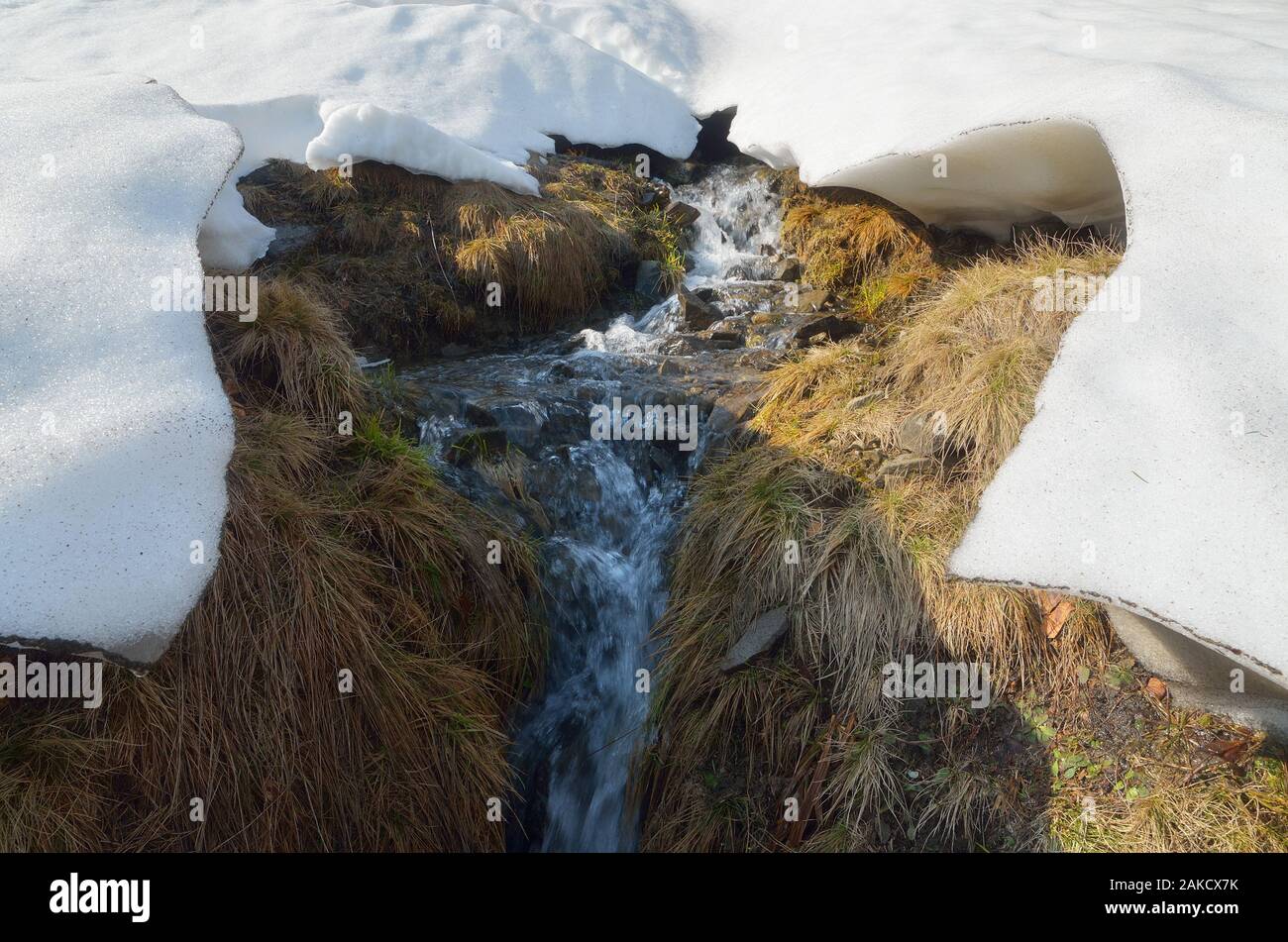 Bergbach im Frühjahr. Auftauen und letzten Schnee. Starten mountain river Stockfoto