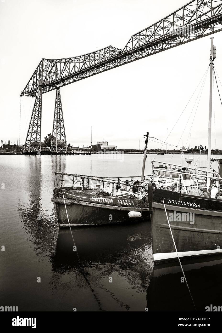 Die T-Stücke Transporter Bridge, die oft als die Middlesbrough Transporter Bridge, die am weitesten hinter Brücke über den Fluss, T-Stücke, Stockfoto