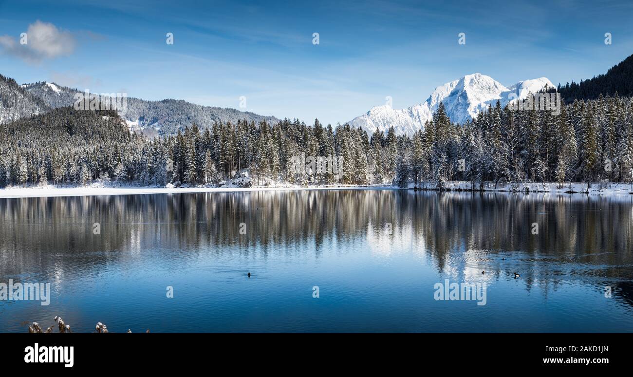 Idyllische Winterlandschaft mit kristallklaren Bergsee in den Alpen auf einer schönen kalten sonnigen Tag Stockfoto