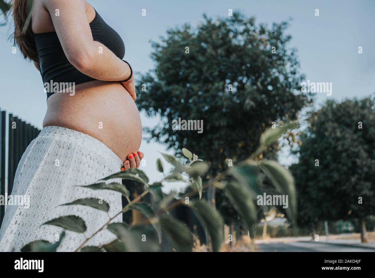 Nahaufnahme von Frau Hände halten schwanger Bauch, Nahaufnahme, glückliche Familie Baby erwartet, stehend auf grünem Gras, Körperteil, junge Familie und das neue Leben conc Stockfoto