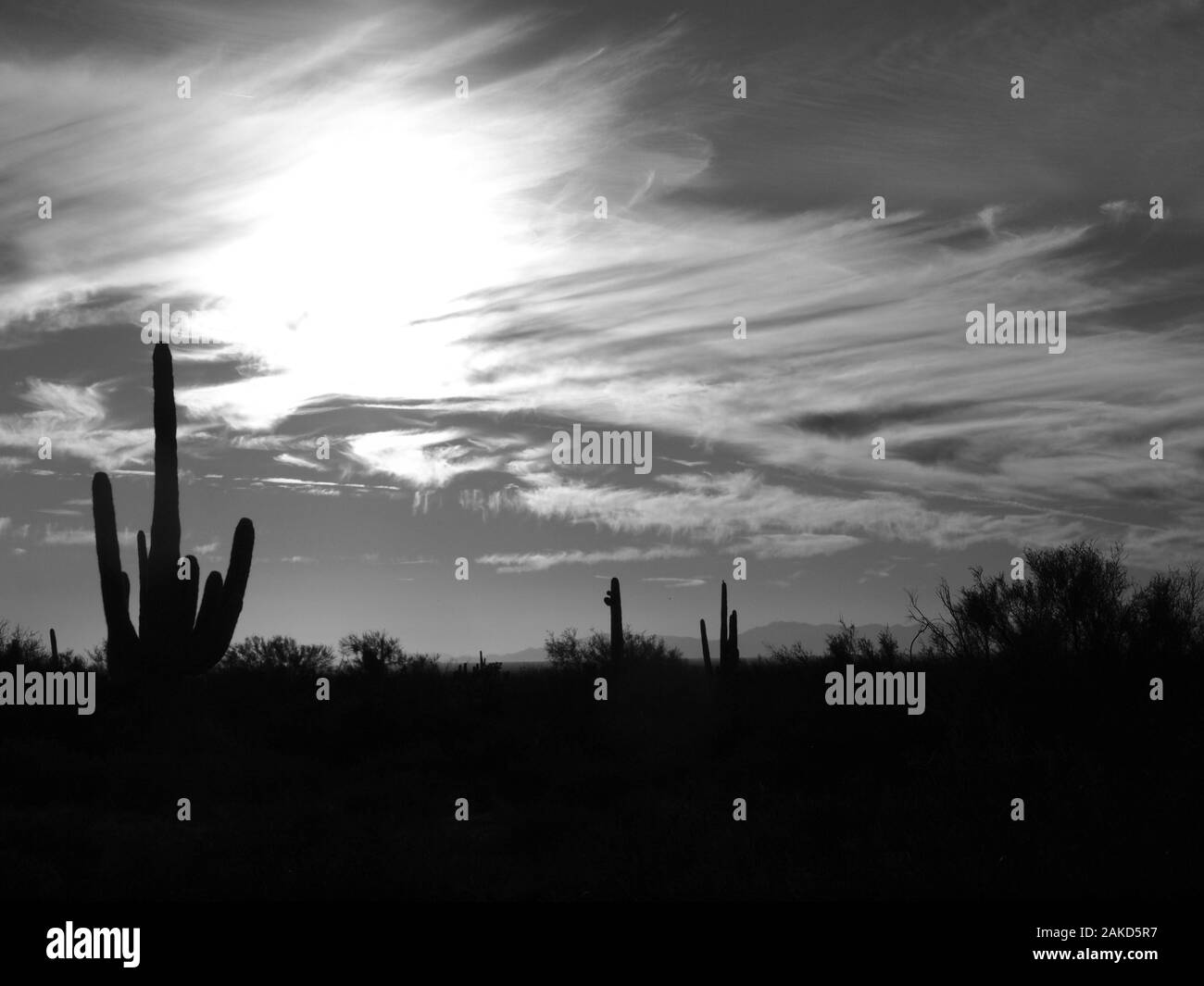 Aberglaube Mountain und Umgebung in Schwarzweiß östlich von Phoenix, Arizona. Stockfoto