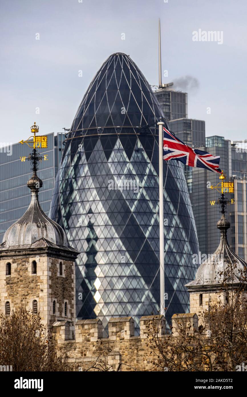 Bankenviertel, Gebäude, Fassaden, Turm der Tower von London, Großbritannien, Stockfoto