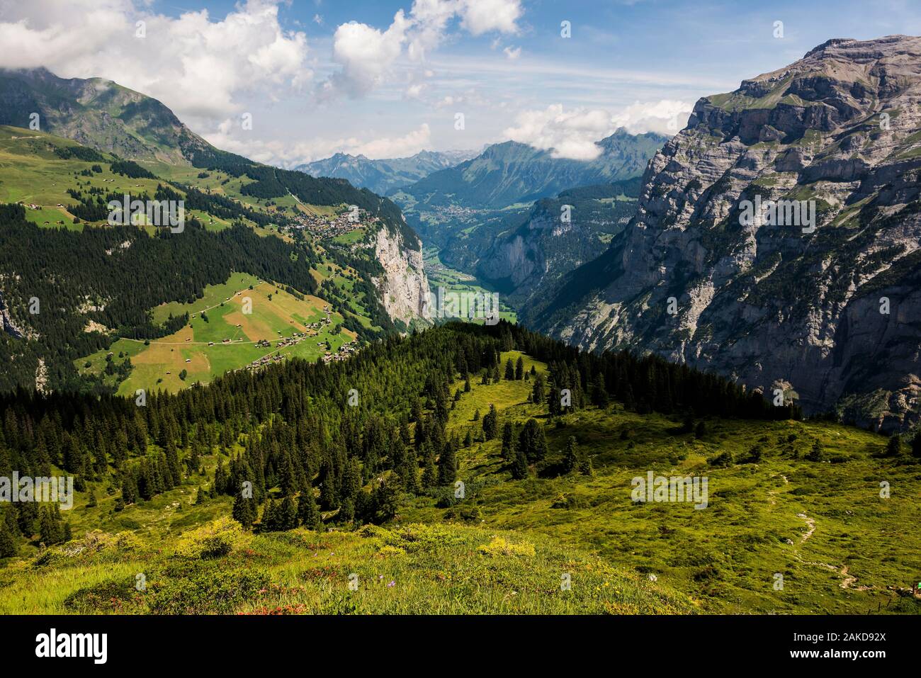 Anzeigen von Mürren und das Lauterbrunnental, Jungfrau-Aletsch-Bietschhorn im Hintergrund, Berner Oberland, Kanton Bern, Schweiz Stockfoto