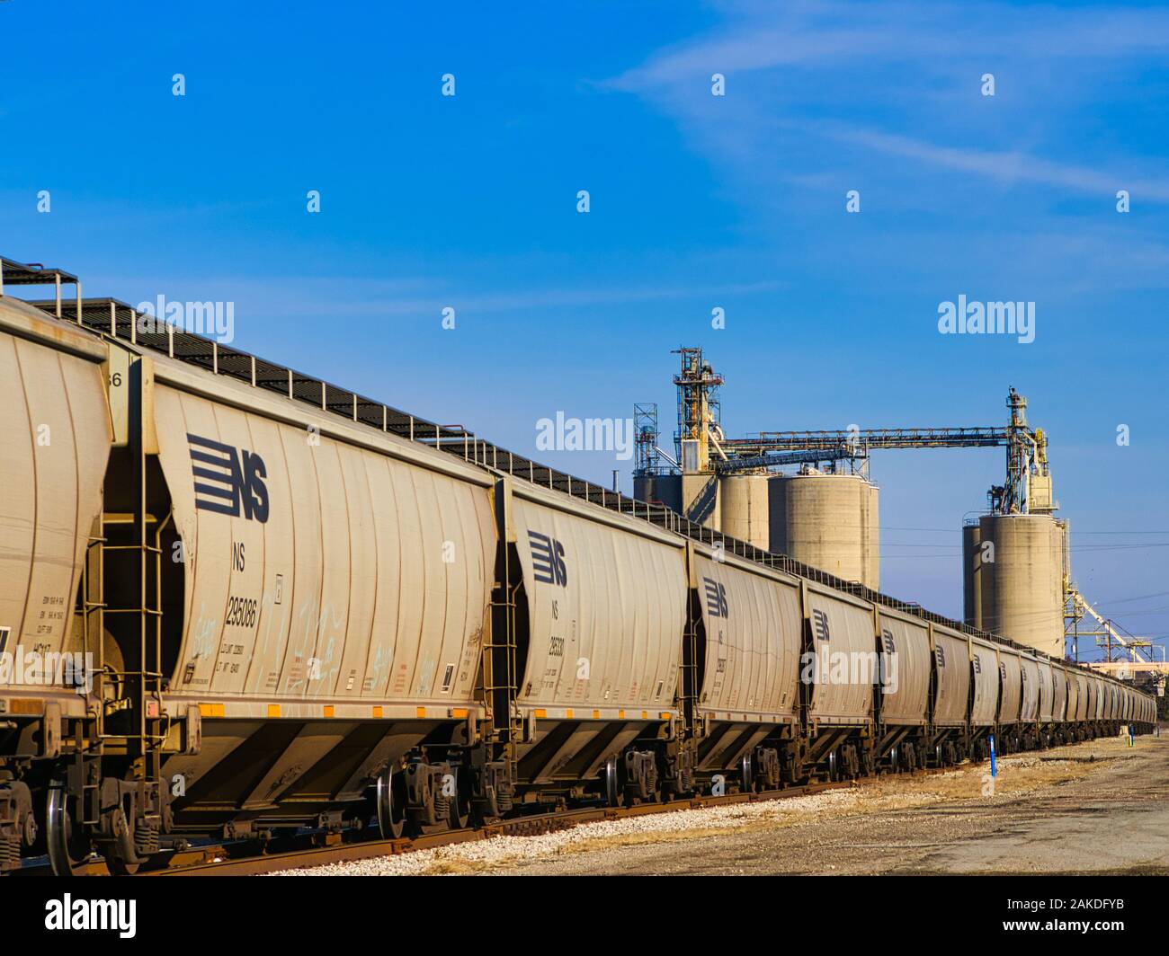 Norfolk Southern Railway Autos warten mit Getreide im Mittelwesten der USA geladen werden Stockfoto