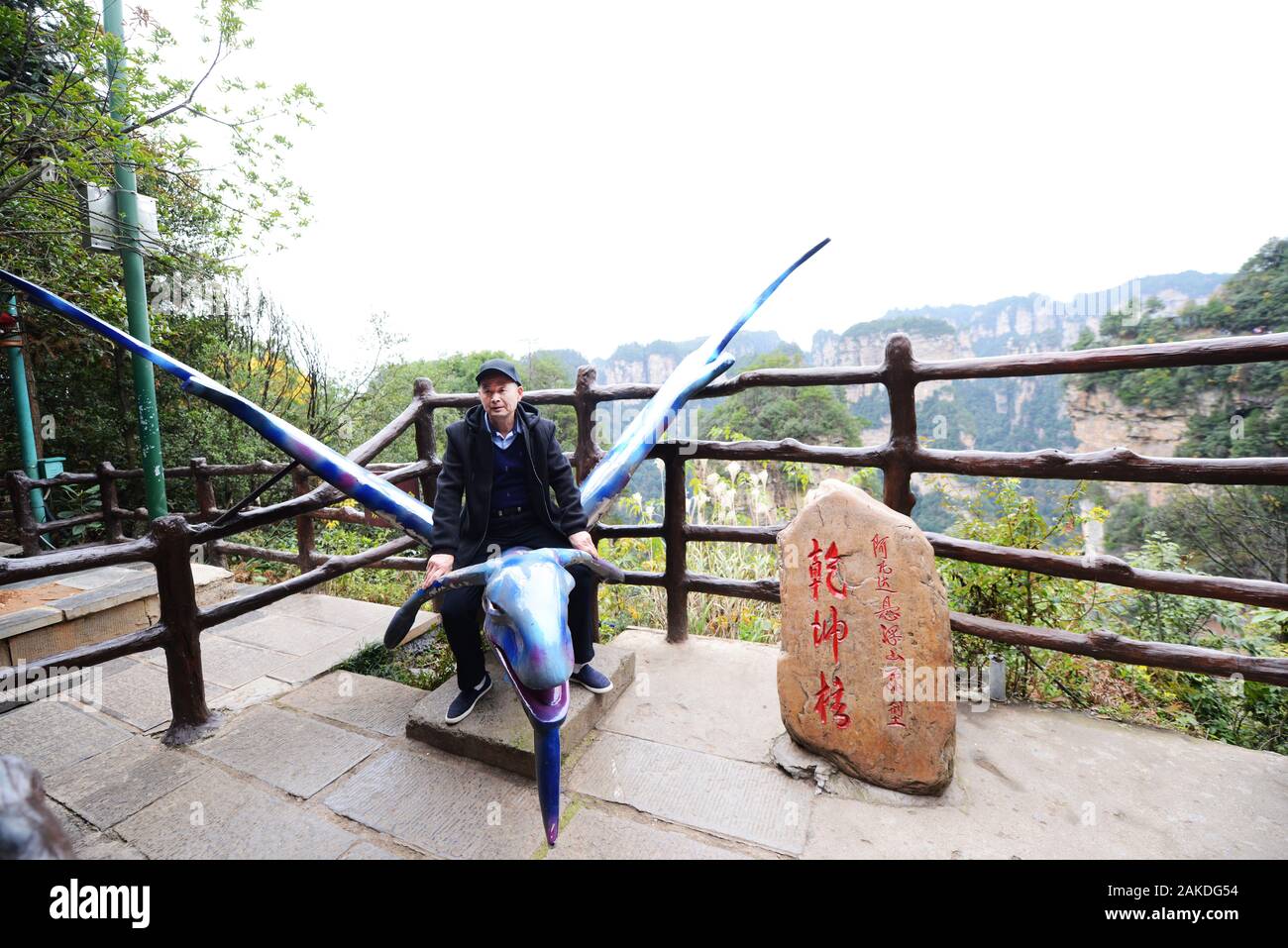 Posiert für ein Foto auf einem Avatar Bunshee in Zhangjiajie, China. Stockfoto