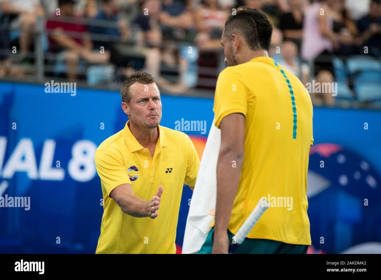 Sydney, Australien. 09 Jan, 2020. Australien Trainer Lleyton Hewitt congrats Nick Kyrgios von Australien während der 2020 ATP-Finale acht an der Ken Rosewall Arena, Sydney, Australien, am 9. Januar 2020. Foto von Peter Dovgan. Credit: UK Sport Pics Ltd/Alamy leben Nachrichten Stockfoto