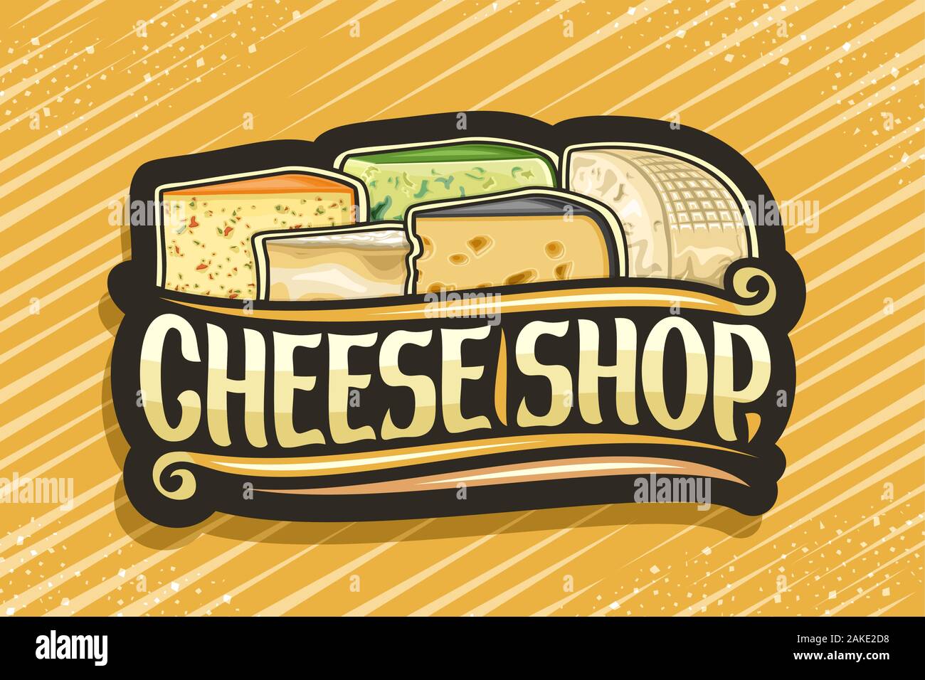Vektor logo für Käse Shop, dunkle dekorative Aufkleber mit Darstellung der vielen verschiedenen Käse, Scheiben, design Schild mit original brush Schrift für Stock Vektor