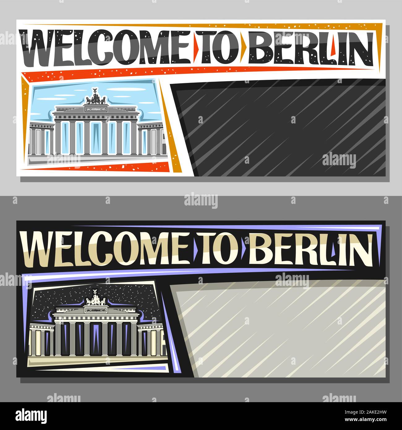 Vektor Layouts für Berlin mit Platz kopieren, dekorative Gutscheine mit Abbildung: Brandenburger Tor am Tag und am Abend Himmel Hintergrund, touristische Karte wi Stock Vektor