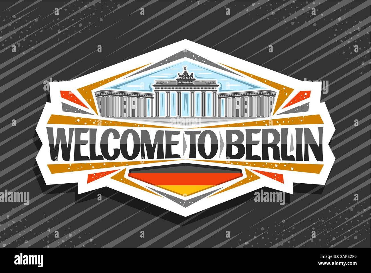 Vektor logo für Berlin, dekoratives Papier schneiden Abzeichen mit der Abbildung des Brandenburger Tor am Himmel Hintergrund, touristische Kühlschrank Magnet mit Brush Script fo Stock Vektor