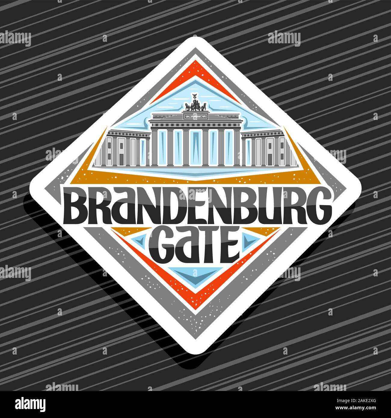 Vektor logo für Brandenburger Tor, weißen rhombus Abzeichen mit Abbildung der Wahrzeichen Berlins an bewölkten Himmel Hintergrund, touristische dekorative Kühlschrank Magnet Stock Vektor