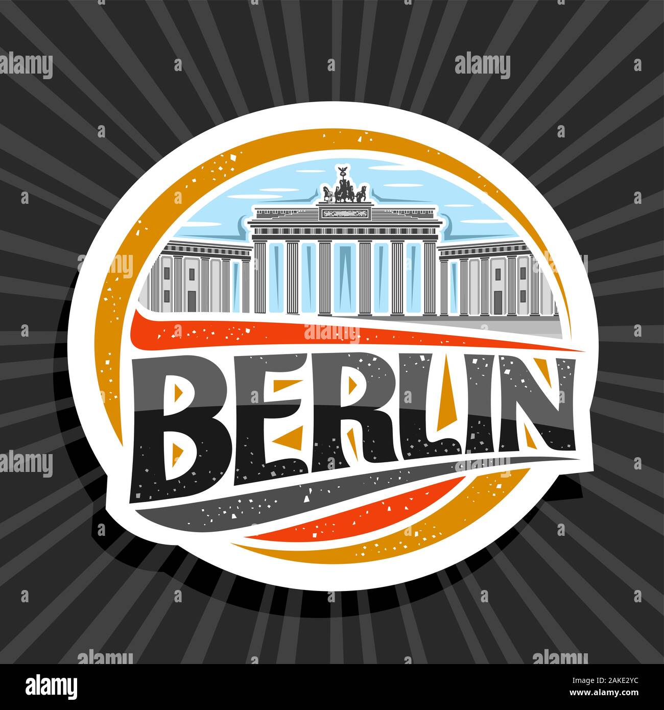 Vektor logo für Berlin, weiß dekorative Abzeichen mit der Abbildung des Brandenburger Tor an bewölkten Himmel Hintergrund, touristische Kühlschrank Magnet mit original scr Stock Vektor