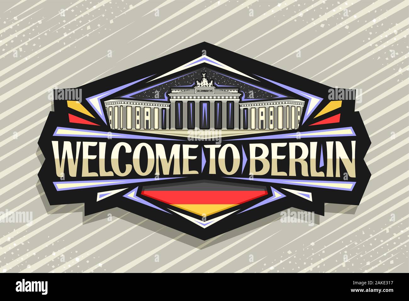 Vektor logo für Berlin, dunkle dekorative Abzeichen mit der Abbildung des Brandenburger Tor am Himmel Hintergrund, touristische Kühlschrank Magnet mit ursprünglichen Schrifttyp fo Stock Vektor