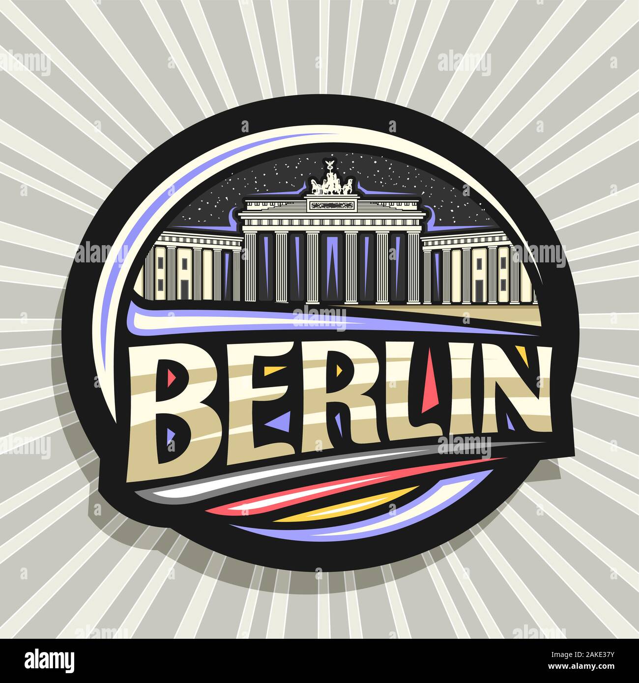 Vektor logo für Berlin, dunkle dekorative Abzeichen mit der Abbildung des Brandenburger Tor am Sternenhimmel Hintergrund, touristische Kühlschrank Magnet mit ursprünglichen Typ Stock Vektor