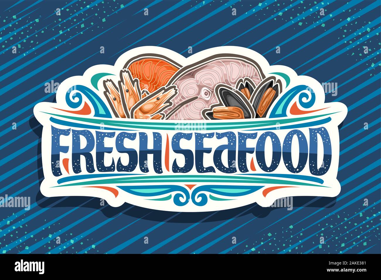 Vektor logo für frische Meeresfrüchte, weiß dekorative Schild mit der Abbildung der geschnittenen Teile der sortierten Fische, Gekochte Garnelen und Muscheln, Bürste Stock Vektor