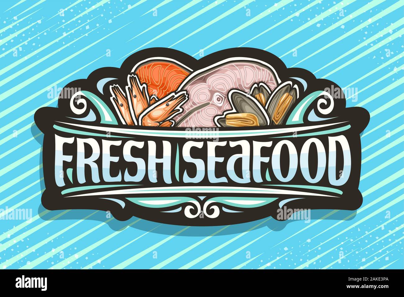 Vektor logo für frische Meeresfrüchte, schwarz vintage Schild mit Abbildung der geschnittenen Teile der sortierten gedünsteter Fisch, gekochte Garnelen und Muscheln, Brus Stock Vektor