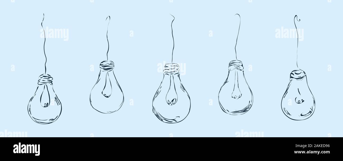 Glühbirnen sind im minimalistischen Stil in Form von Adern auf einem blauen Hintergrund für die Inneneinrichtung, Design, Werbung, Ideen, Symbole gezeichnet. Stock Vektor