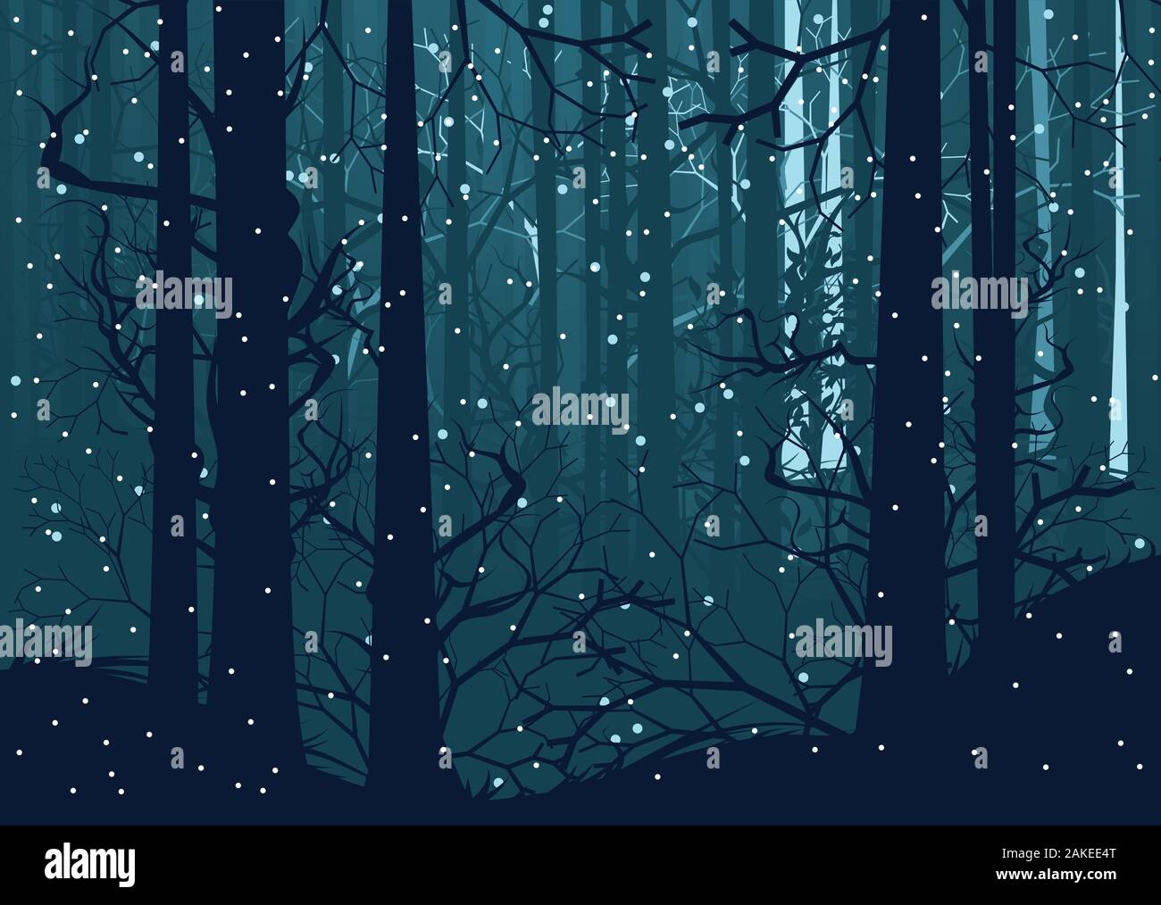 Fallenden Schnee in dunklen Winter Wald mit Bäumen Silhouetten. Stock Vektor