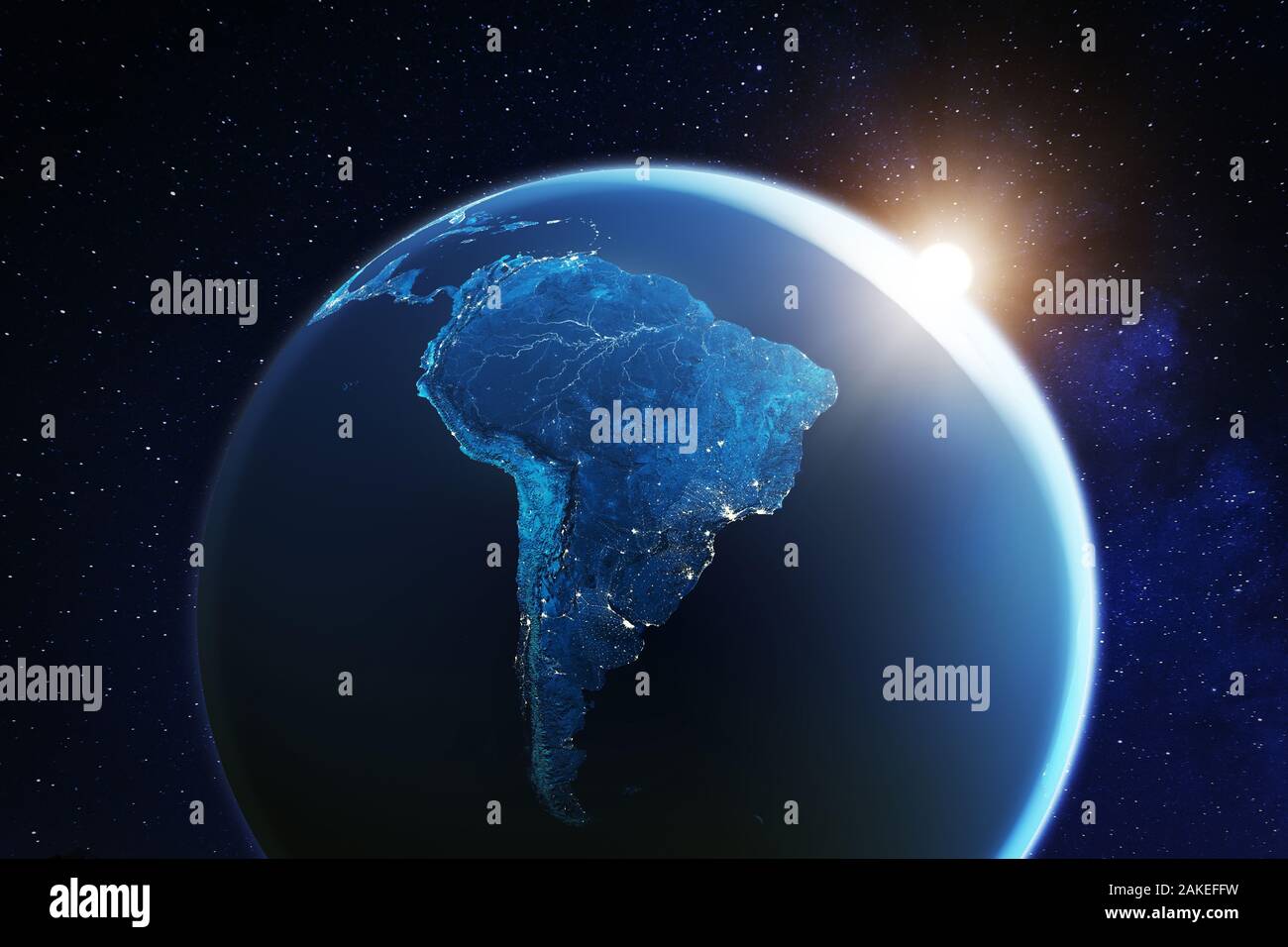 Südamerika gesehen vom Weltraum aus mit Sunrise auf dem Planeten Erde und Sterne, Überblick über Amazon Fluss und Wald, Nachtlichter aus Städten in Brasilien, Argen Stockfoto