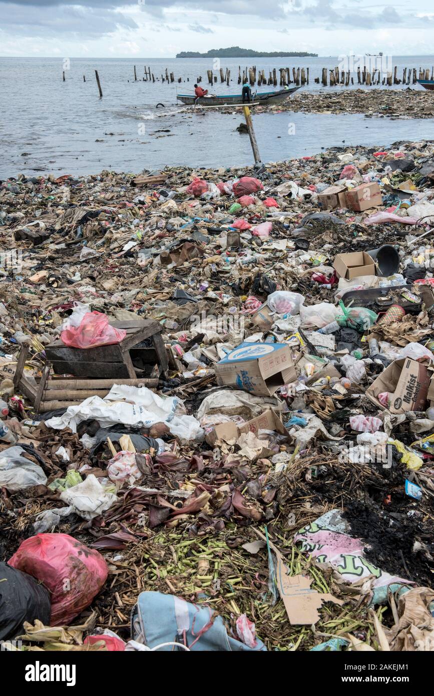 Die Verschmutzung der Meere am Strand in der Nähe von Sorong Fischmarkt, Bos Wesen Markt, Sorong, West Papua, Indonesien Stockfoto
