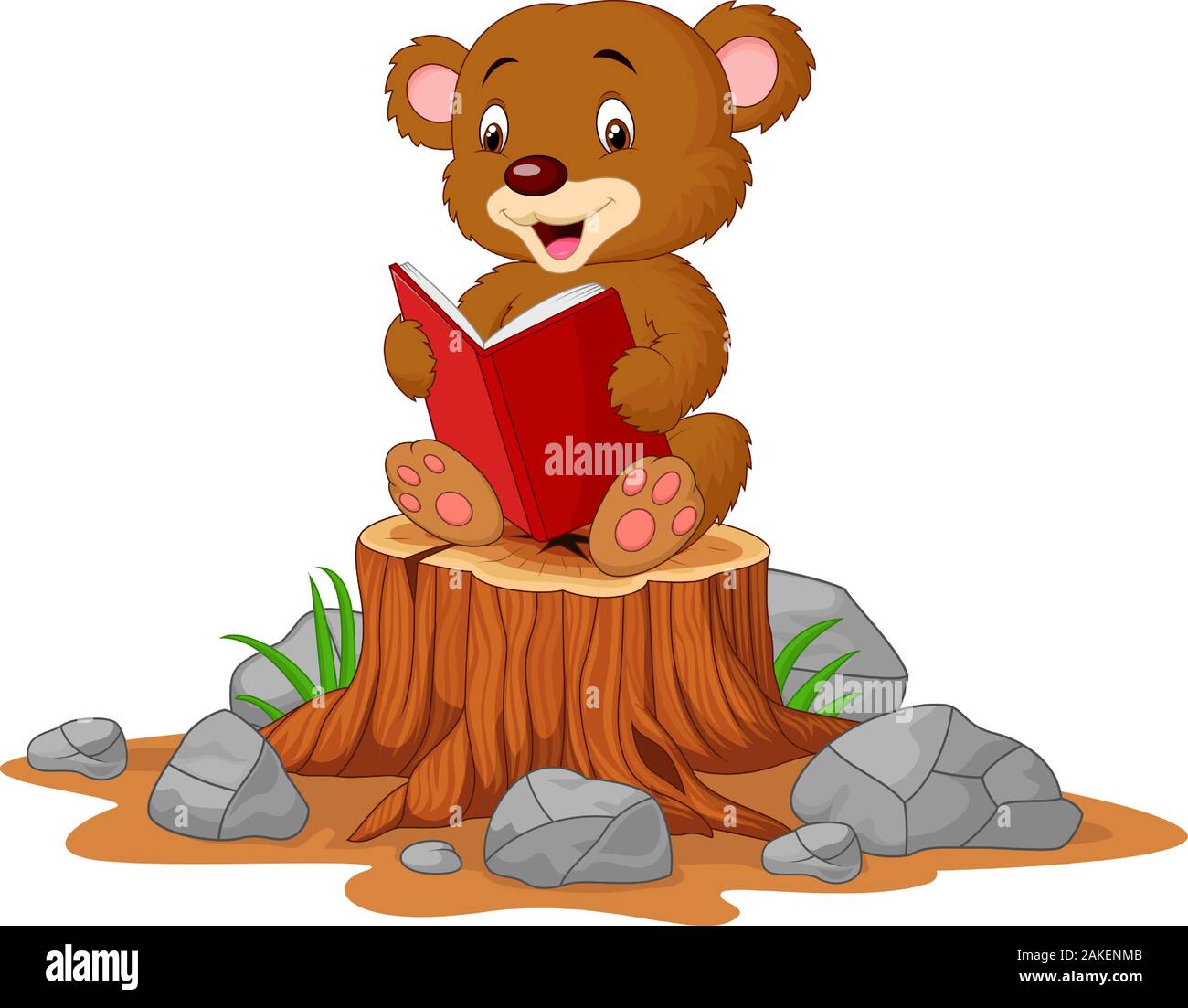 Cute Baby Bär lesen Buch auf Baumstumpf Stock Vektor