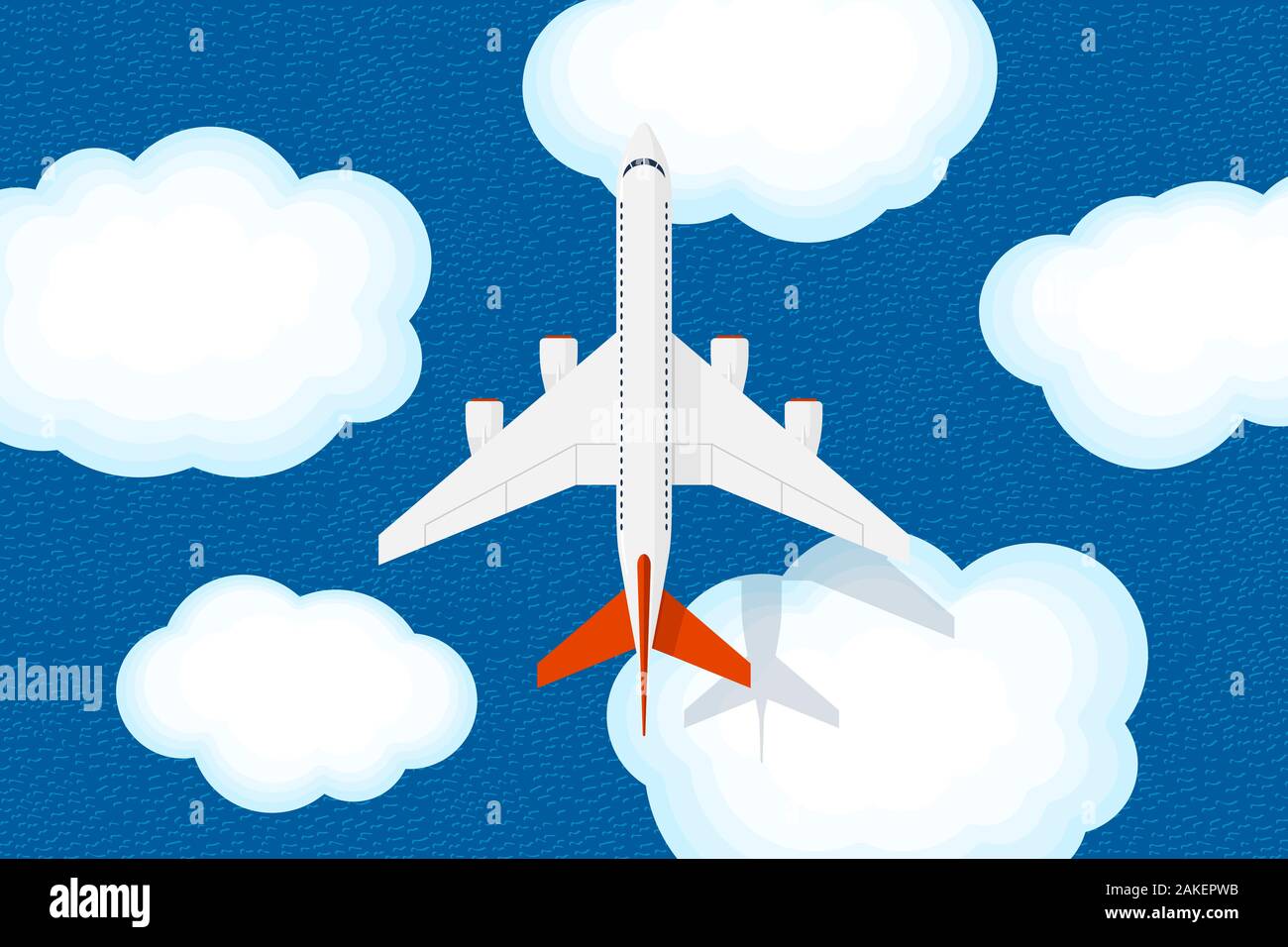 Große Jet PKW Flugzeug fliegt über Himmel Wolken und Meer mit Wellen. Zivile Luftfahrt Fliegen Flugzeug Ansicht von oben. Flache Vector Illustration Stock Vektor