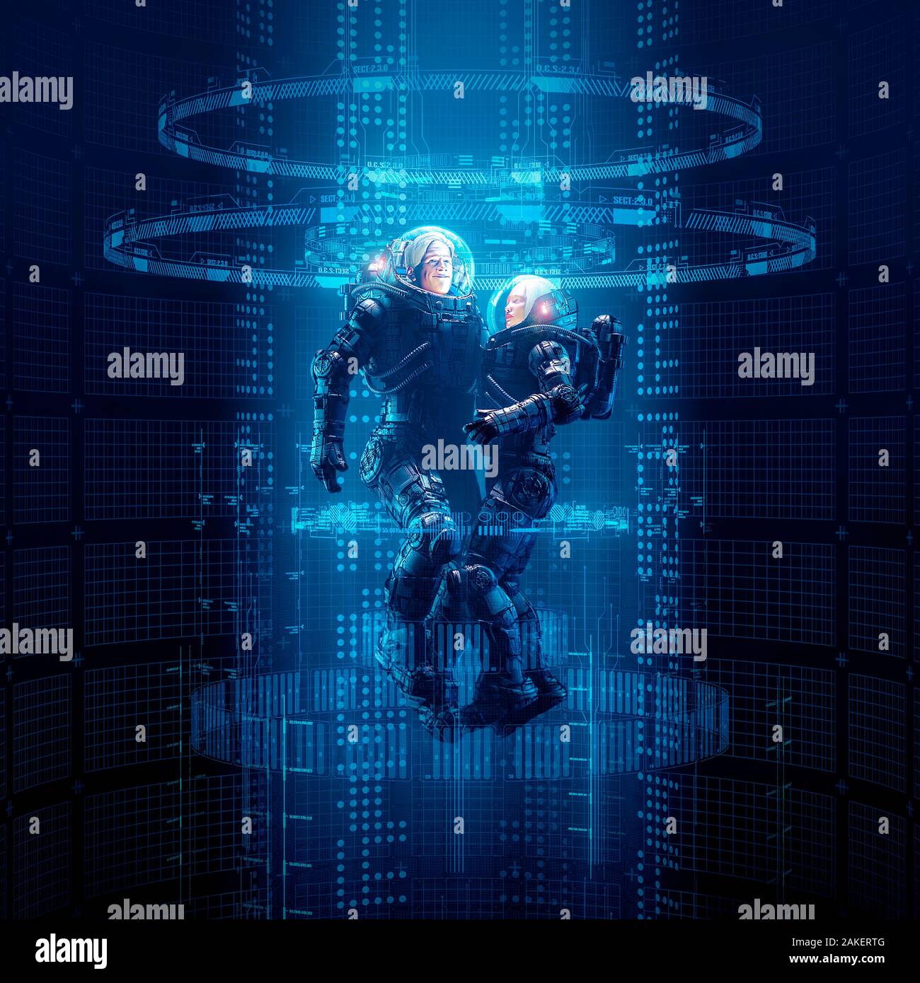 Virtual Data Portal Astronauten/3D-Darstellung der Science Fiction männliche und weibliche Astronauten Reisen durch glühende Virtuelle Realität code Stockfoto