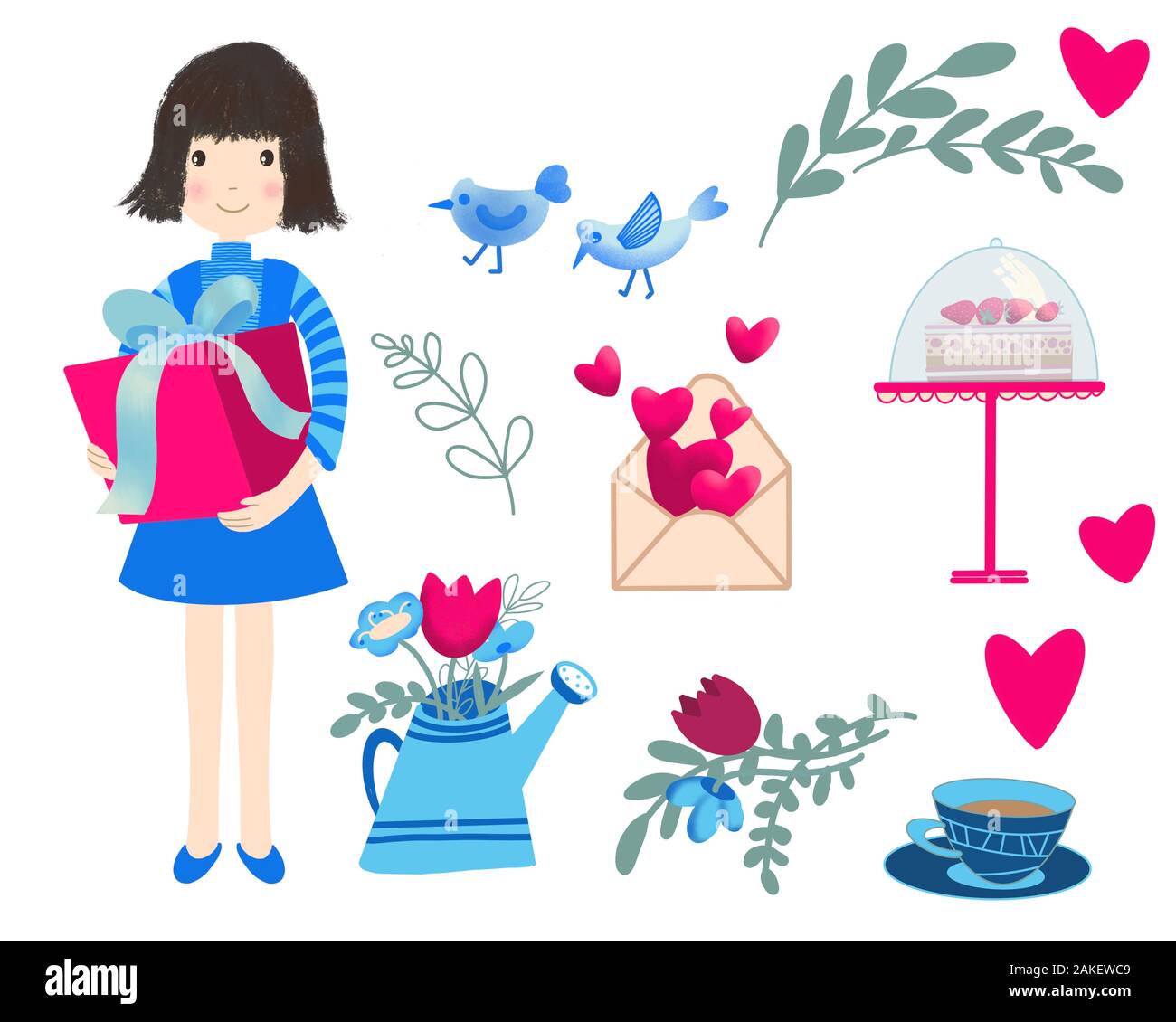 Set Mit Niedlichen Gegenstanden Und Elementen Fur Valentinskarten Kleines Madchen Und Geschenk Geschenkbox Herzen Vogel Brief Liebe Blumen Geburtstagskuchen Stockfotografie Alamy