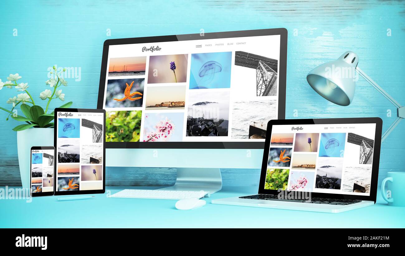 Blau responsive Desktop mit Geräten mit reaktionsschnellen Portfolio Website 3D-Rendering Stockfoto