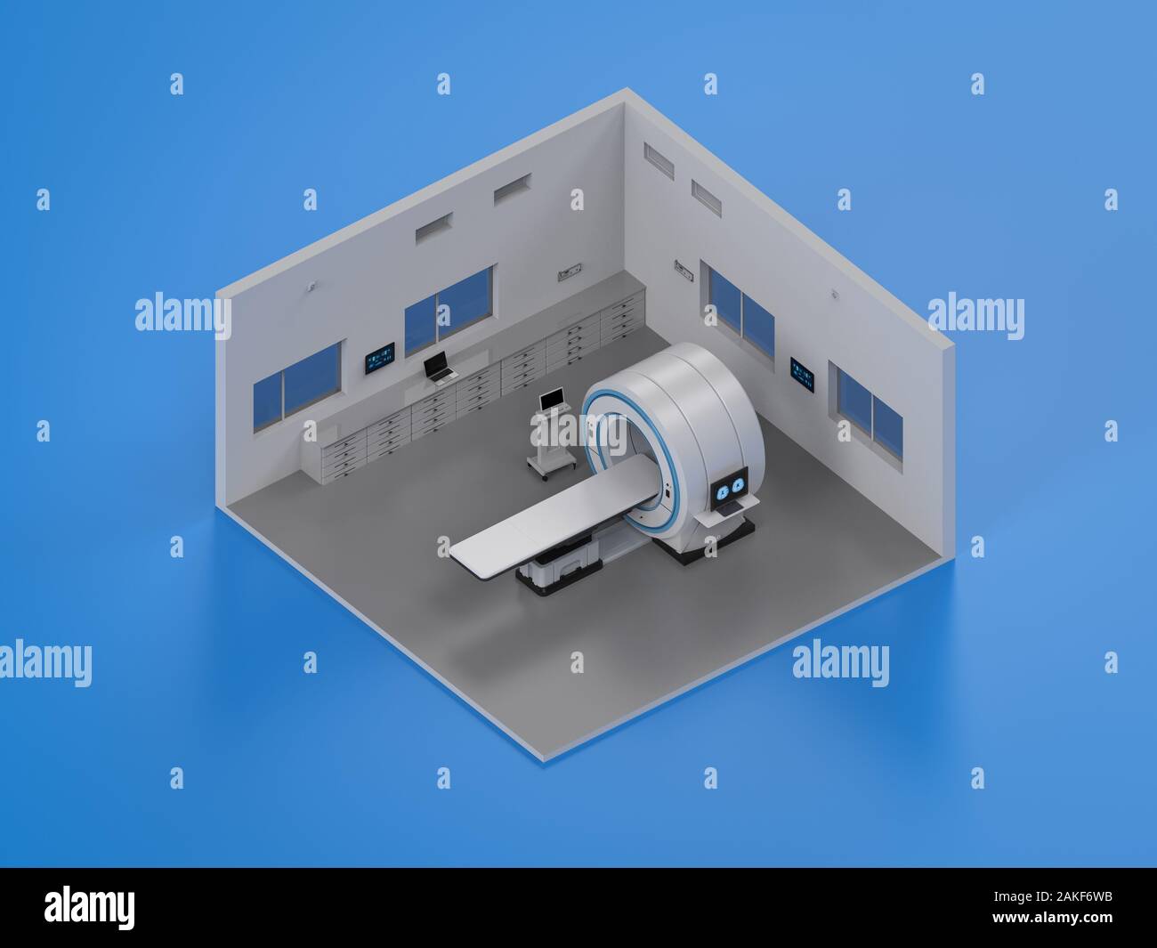 3D-rendering Krankenhaus Interieur mit MRT-Gerät scannen Isometrische Stockfoto
