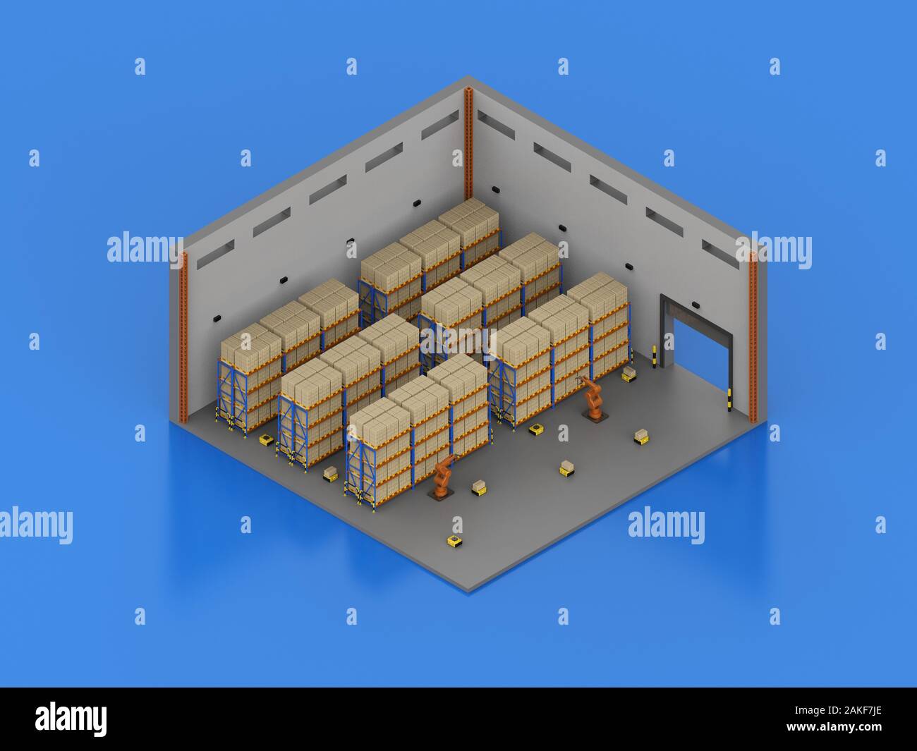 3D-rendering Automation cyborgs Arbeiten im Lager isometrische Stockfoto