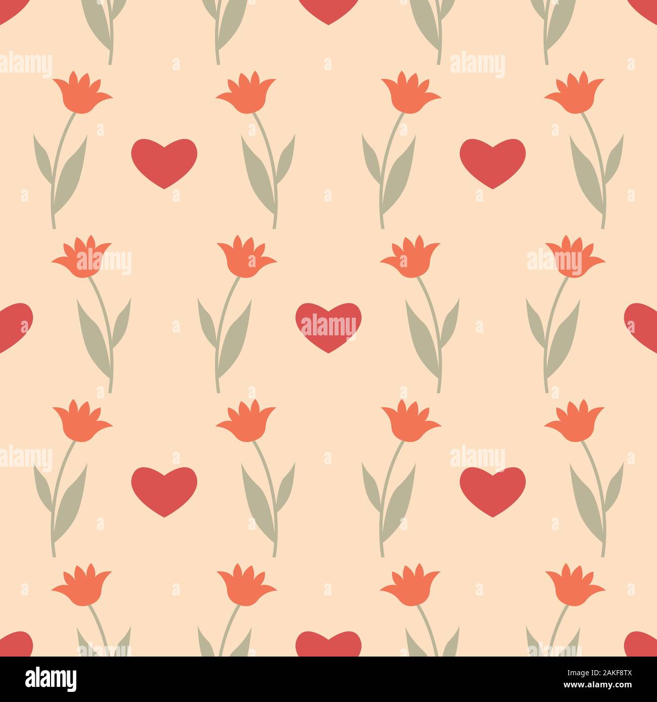 Nahtlose Muster mit Herzen und Blumen Tulpen. Spring floral background. Vector Illustration EPS 10. Stock Vektor