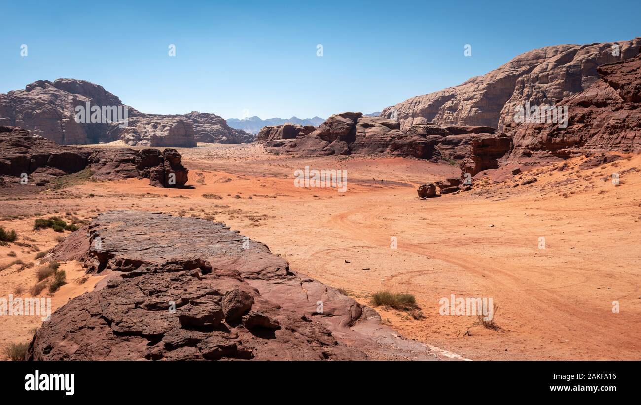 Die Felsen in der Wüste Wadi Rum, Jordanien, Naher Osten Stockfoto