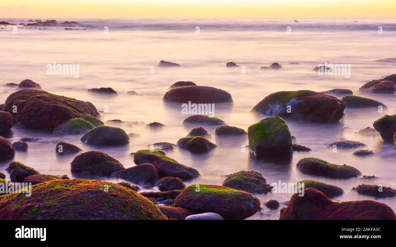 Meer Wasser verschwommen durch lange Exposition und bemoosten Steinen - Seascape Stockfoto