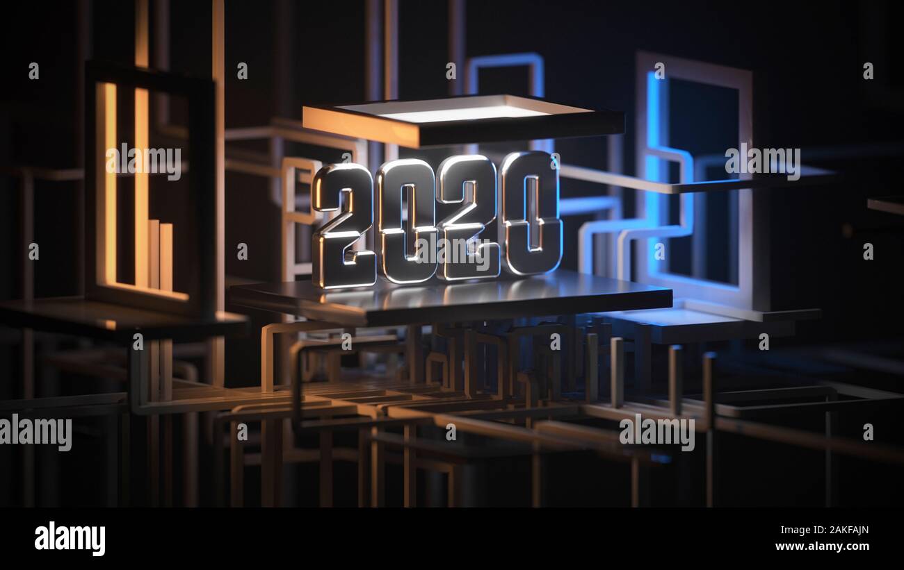 2020 Neue Jahr text Design von Stahl und umgeben Rohrnetz auf futuristische High-Tech-sonstruction Website grafik hintergrund Kommunikation Struktur Stockfoto