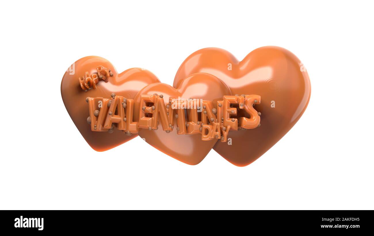 Happy Valentine's Day Schriftzug mit drei Herzen hinter Aus süße Schokolade oder Karamell. 3d-Abbildung auf weißem Hintergrund. Stockfoto